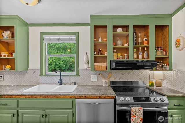 12543 Bear Track Ln SW, Port Orchard, WA 98367 - kitchen with appliances with stainless steel finishes, open shelves, range hood, and tasteful backsplash