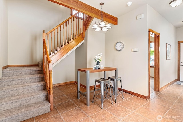 1007 N Forest St, Bellingham, WA 98225 - tiled dining area featuring stairs and a chandelier