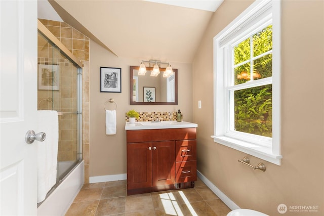1628 27th Ave, Seattle, WA 98122 - full bath with vanity, enclosed tub / shower combo, and vaulted ceiling