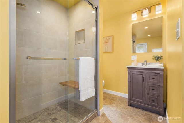 1628 27th Ave, Seattle, WA 98122 - bathroom featuring a stall shower, vanity, and tile patterned flooring