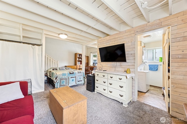 9317 214th Ave E, Bonney Lake, WA 98391 - living area featuring plenty of natural light, wooden walls, light carpet, and beamed ceiling