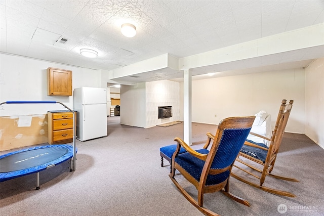 9317 214th Ave E, Bonney Lake, WA 98391 - finished basement with freestanding refrigerator, carpet, and a tiled fireplace