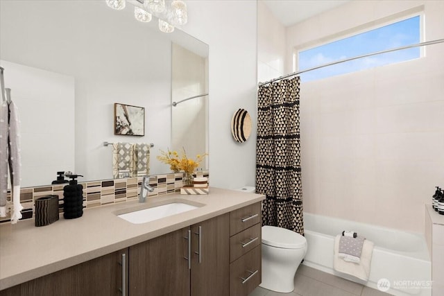 4603 S Juneau St, Seattle, WA 98118 - bathroom with vanity, shower / bath combo, decorative backsplash, and tile patterned flooring
