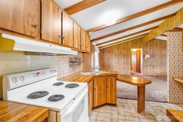 2240 W Broadway Ave Unit 22, Moses Lake, WA 98837 - kitchen with white electric range, under cabinet range hood, wood walls, light countertops, and brown cabinetry