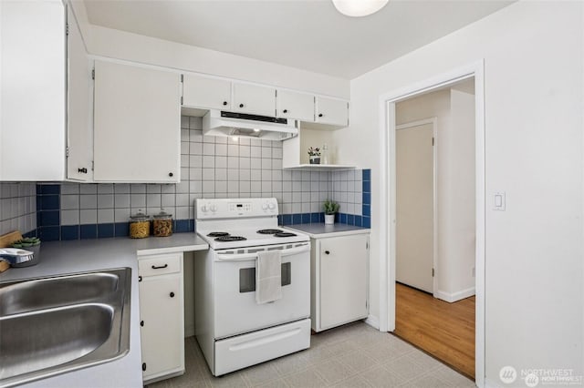 8902 17th Ave NE, Seattle, WA 98115 - kitchen with white electric stove, under cabinet range hood, white cabinets, light countertops, and backsplash