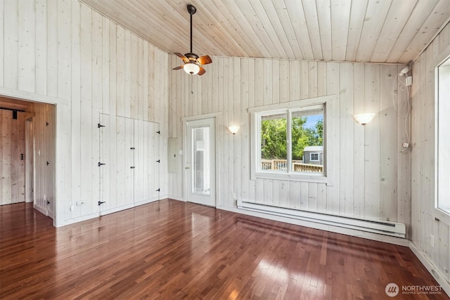 13540 E State Route 106, Belfair, WA 98528 - unfurnished living room with a baseboard heating unit, wood ceiling, wood-type flooring, wooden walls, and a ceiling fan