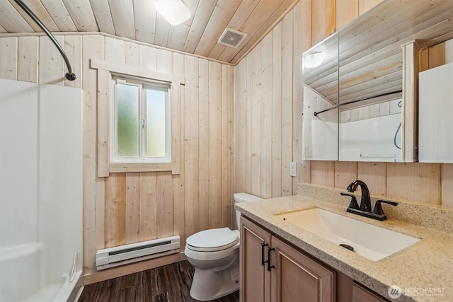 13540 E State Route 106, Belfair, WA 98528 - full bathroom featuring a baseboard heating unit, a shower, wood walls, vanity, and wooden ceiling