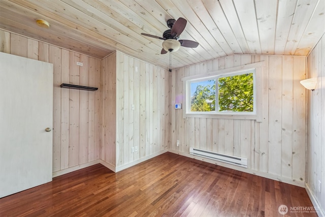 13540 E State Route 106, Belfair, WA 98528 - unfurnished room with a baseboard heating unit, wooden ceiling, hardwood / wood-style floors, wooden walls, and a ceiling fan