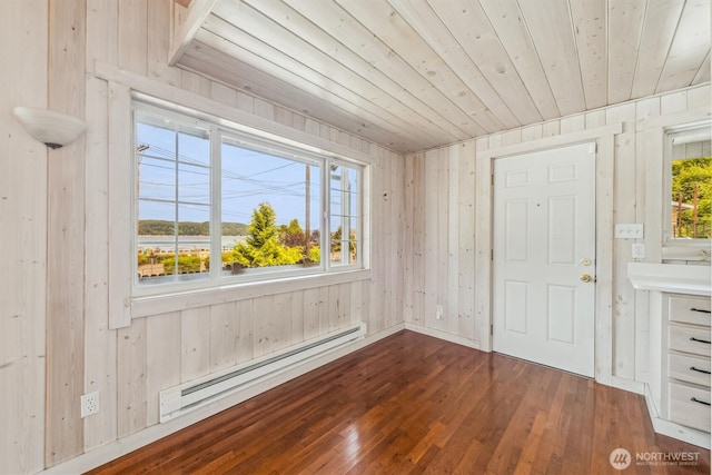 13540 E State Route 106, Belfair, WA 98528 - spare room featuring a baseboard heating unit, dark wood-type flooring, wooden ceiling, and wooden walls