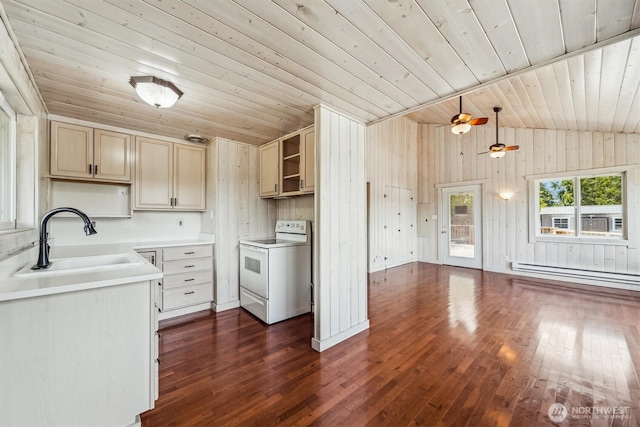 13540 E State Route 106, Belfair, WA 98528 - kitchen with electric stove, wooden ceiling, baseboard heating, dark wood-style floors, and ceiling fan