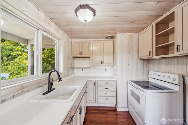 13540 E State Route 106, Belfair, WA 98528 - kitchen with electric range, open shelves, wooden ceiling, dark wood-type flooring, and light countertops