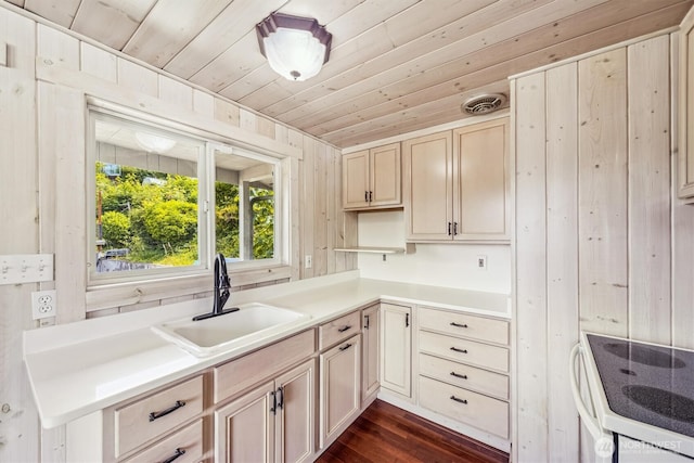 13540 E State Route 106, Belfair, WA 98528 - kitchen featuring white electric stove, dark wood finished floors, light countertops, wooden ceiling, and wooden walls
