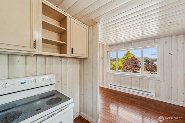 13540 E State Route 106, Belfair, WA 98528 - kitchen featuring electric range, a baseboard radiator, dark wood-type flooring, wood walls, and open shelves