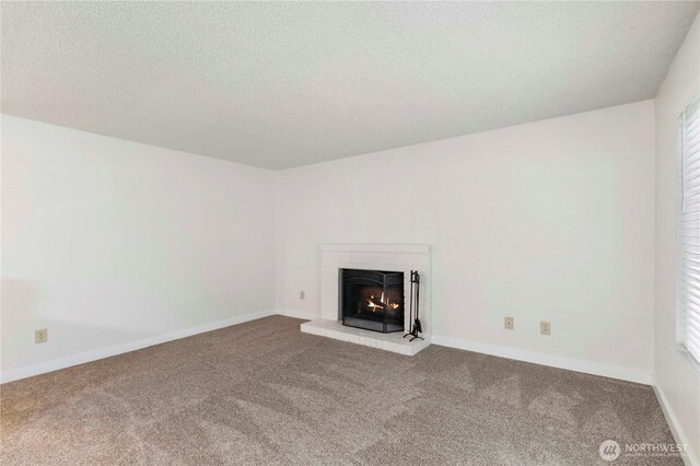 3834 D Pl SE, Auburn, WA 98002 - unfurnished living room with carpet floors, a fireplace, a textured ceiling, and healthy amount of natural light