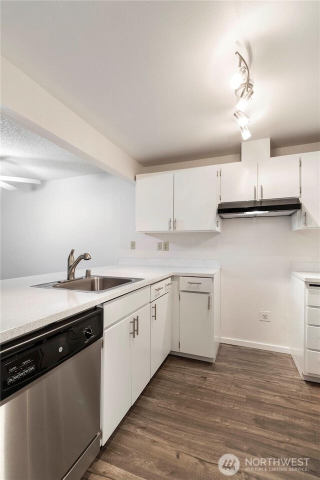 3834 D Pl SE, Auburn, WA 98002 - kitchen featuring stainless steel dishwasher, light countertops, white cabinetry, and under cabinet range hood