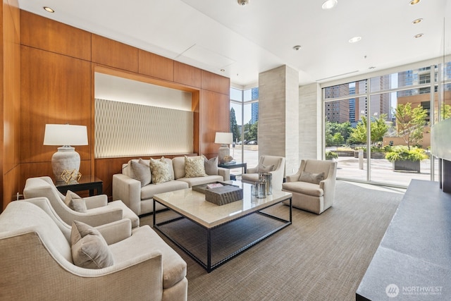 10610 NE 9th Pl Unit C4210, Bellevue, WA 98004 - common area with a wall of windows, wood walls, and a city view