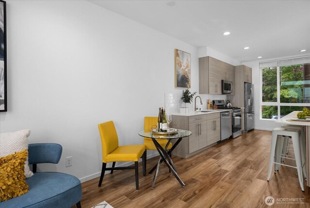9030 18th Ave SW Unit E, Seattle, WA 98106 - kitchen featuring stainless steel appliances, light countertops, light wood-style flooring, backsplash, and recessed lighting