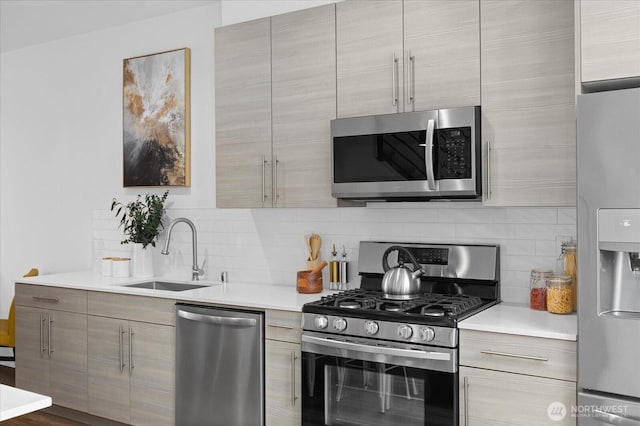 9030 18th Ave SW Unit E, Seattle, WA 98106 - kitchen featuring appliances with stainless steel finishes, decorative backsplash, light countertops, and modern cabinets