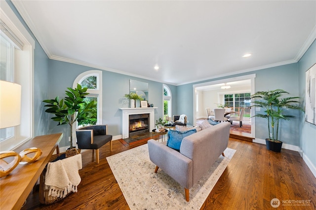 2515 16th St, Anacortes, WA 98221 - living area featuring ornamental molding, dark wood-style floors, a glass covered fireplace, and recessed lighting
