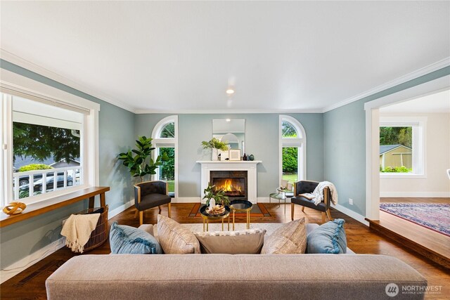 2515 16th St, Anacortes, WA 98221 - living area with a warm lit fireplace, wood finished floors, crown molding, and recessed lighting