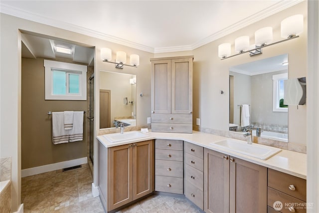 2515 16th St, Anacortes, WA 98221 - full bathroom with double vanity, plenty of natural light, a shower stall, and crown molding