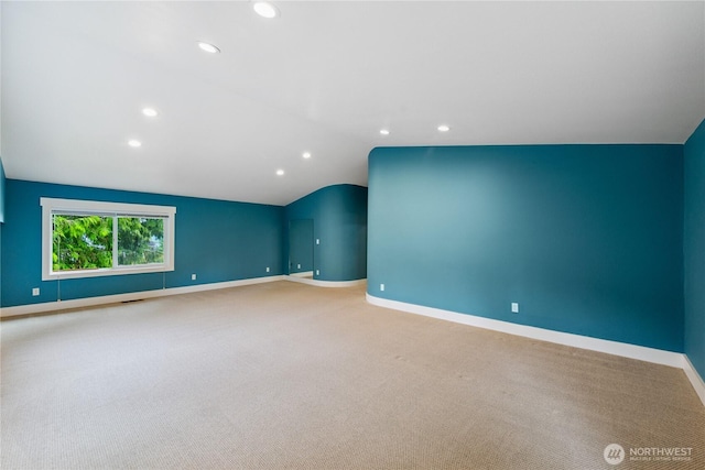 2515 16th St, Anacortes, WA 98221 - unfurnished room with lofted ceiling, recessed lighting, and carpet floors