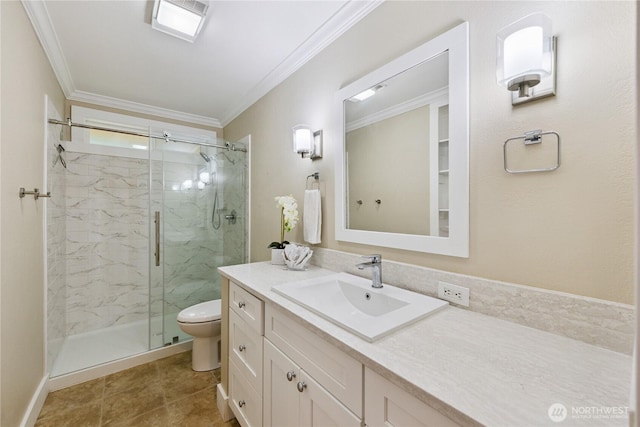 2515 16th St, Anacortes, WA 98221 - bathroom with ornamental molding, a marble finish shower, vanity, and tile patterned floors