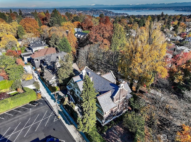 view of property location with a heavily wooded area and a large body of water