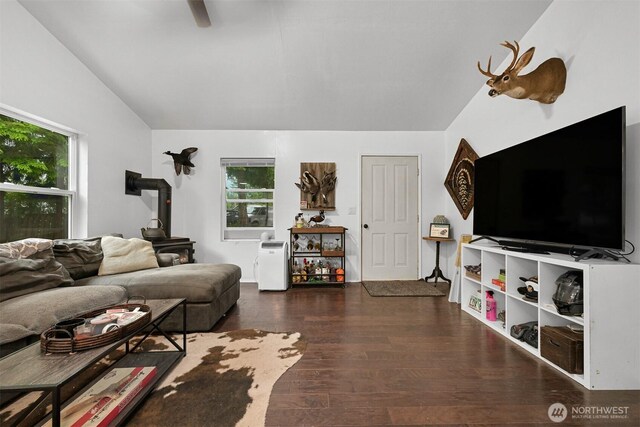 6258 Bellwood Dr, Maple Falls, WA 98266 - living room with a wood stove, vaulted ceiling, plenty of natural light, and wood finished floors