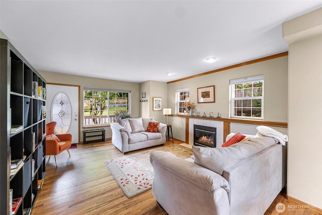 2616 16th St, Bellingham, WA 98229 - living room with healthy amount of natural light, a tile fireplace, wood finished floors, and crown molding