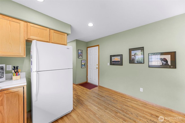 2616 16th St, Bellingham, WA 98229 - kitchen featuring freestanding refrigerator, light wood finished floors, light countertops, recessed lighting, and light brown cabinetry