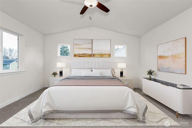 1401 89th Ave SE, Tumwater, WA 98501 - bedroom featuring carpet flooring, lofted ceiling, and a ceiling fan