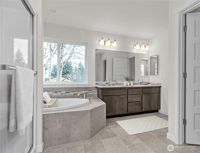1401 89th Ave SE, Tumwater, WA 98501 - full bath with double vanity, a bath, and tile patterned flooring