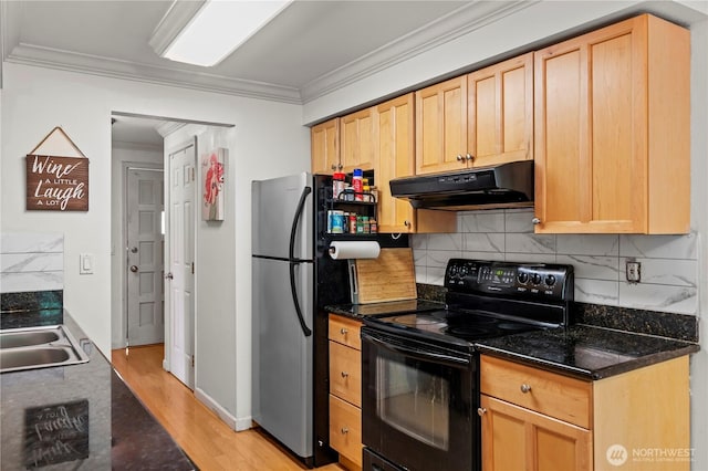 17306 NE 45th St Unit 116, Redmond, WA 98052 - kitchen with black electric range, under cabinet range hood, ornamental molding, backsplash, and light wood-style flooring