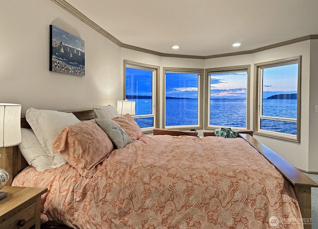2267 Eastpoint Dr, Langley, WA 98260 - bedroom with a water view, crown molding, and recessed lighting