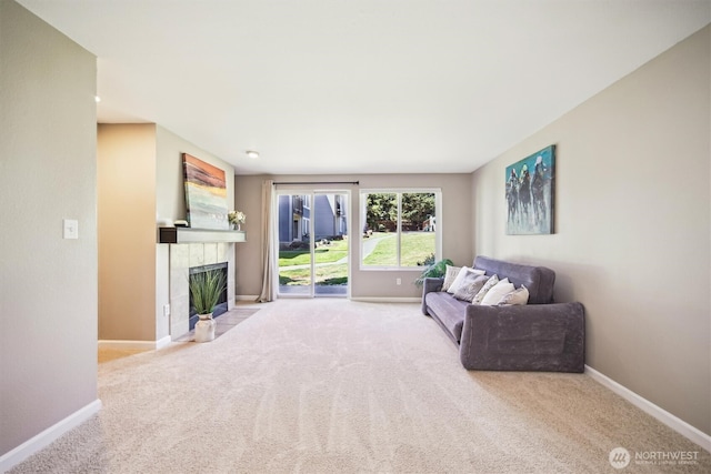 26327 116th Ave SE Unit E102, Kent, WA 98030 - carpeted living area with a fireplace and baseboards