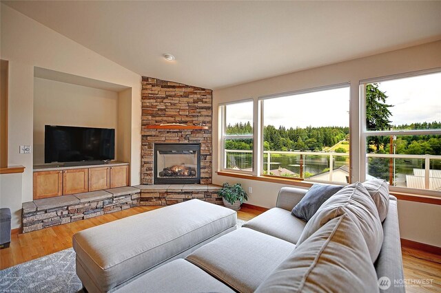 2102 256th St NW, Stanwood, WA 98292 - living area with lofted ceiling, a fireplace, and wood finished floors