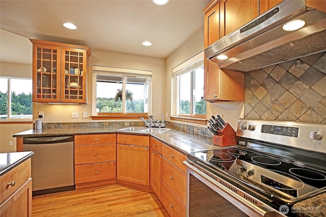 2102 256th St NW, Stanwood, WA 98292 - kitchen with stainless steel appliances, extractor fan, recessed lighting, glass insert cabinets, and light wood-style floors