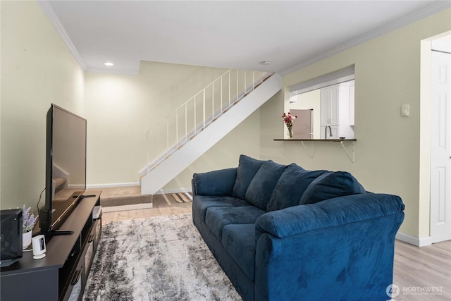 2822 Garden Ct Unit B, Steilacoom, WA 98388 - living area with stairway, crown molding, light wood-style floors, and recessed lighting
