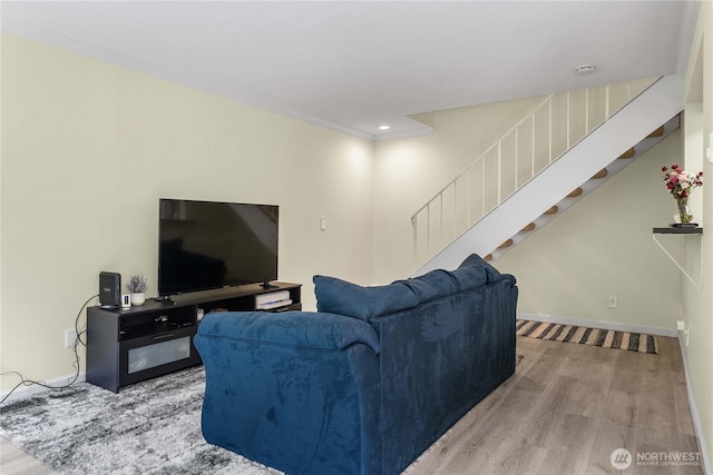 2822 Garden Ct Unit B, Steilacoom, WA 98388 - living area featuring wood finished floors, stairway, crown molding, and recessed lighting