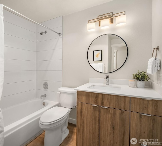 19428 N Aurora Ave Unit 236, Shoreline, WA 98133 - bathroom with shower / tub combo with curtain, vanity, and wood finished floors