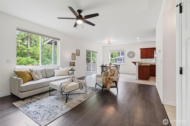 4246 Stonecrest Ct, Bellingham, WA 98226 - living room featuring ceiling fan, dark wood-style flooring, and recessed lighting