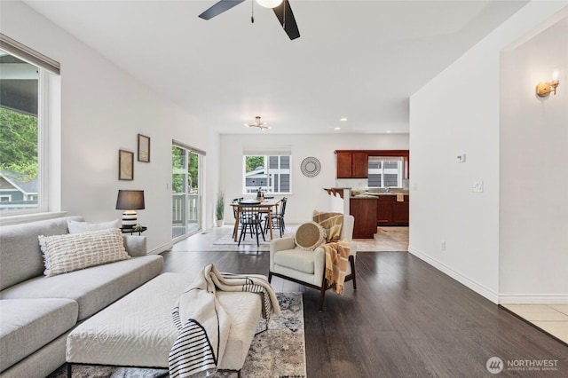 4246 Stonecrest Ct, Bellingham, WA 98226 - living area featuring a ceiling fan, wood finished floors, and recessed lighting