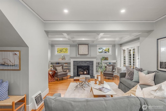 2836 32nd Ave S, Seattle, WA 98144 - living area featuring wood finished floors, a fireplace, recessed lighting, beamed ceiling, and coffered ceiling