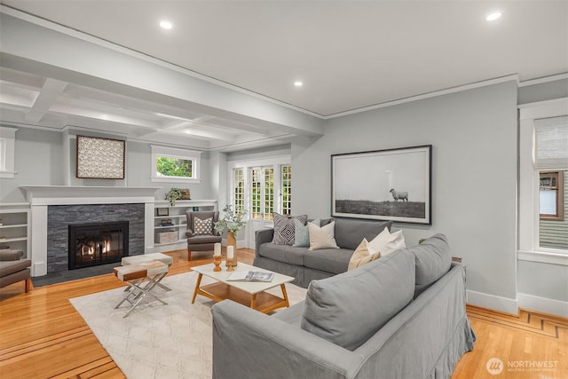2836 32nd Ave S, Seattle, WA 98144 - living area with recessed lighting, light wood-style floors, a fireplace, beam ceiling, and crown molding