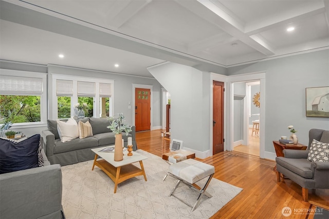 2836 32nd Ave S, Seattle, WA 98144 - living area featuring coffered ceiling, light wood finished floors, recessed lighting, and beamed ceiling