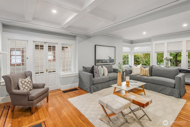 2836 32nd Ave S, Seattle, WA 98144 - living room with plenty of natural light, light wood-type flooring, beamed ceiling, recessed lighting, and coffered ceiling
