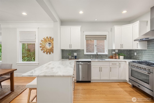 2836 32nd Ave S, Seattle, WA 98144 - kitchen with appliances with stainless steel finishes, wall chimney exhaust hood, a peninsula, white cabinets, and healthy amount of natural light