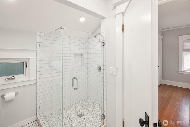 2836 32nd Ave S, Seattle, WA 98144 - full bath featuring a shower stall, recessed lighting, wood finished floors, and crown molding