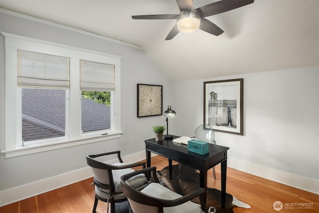 2836 32nd Ave S, Seattle, WA 98144 - office area with lofted ceiling, wood finished floors, and a ceiling fan
